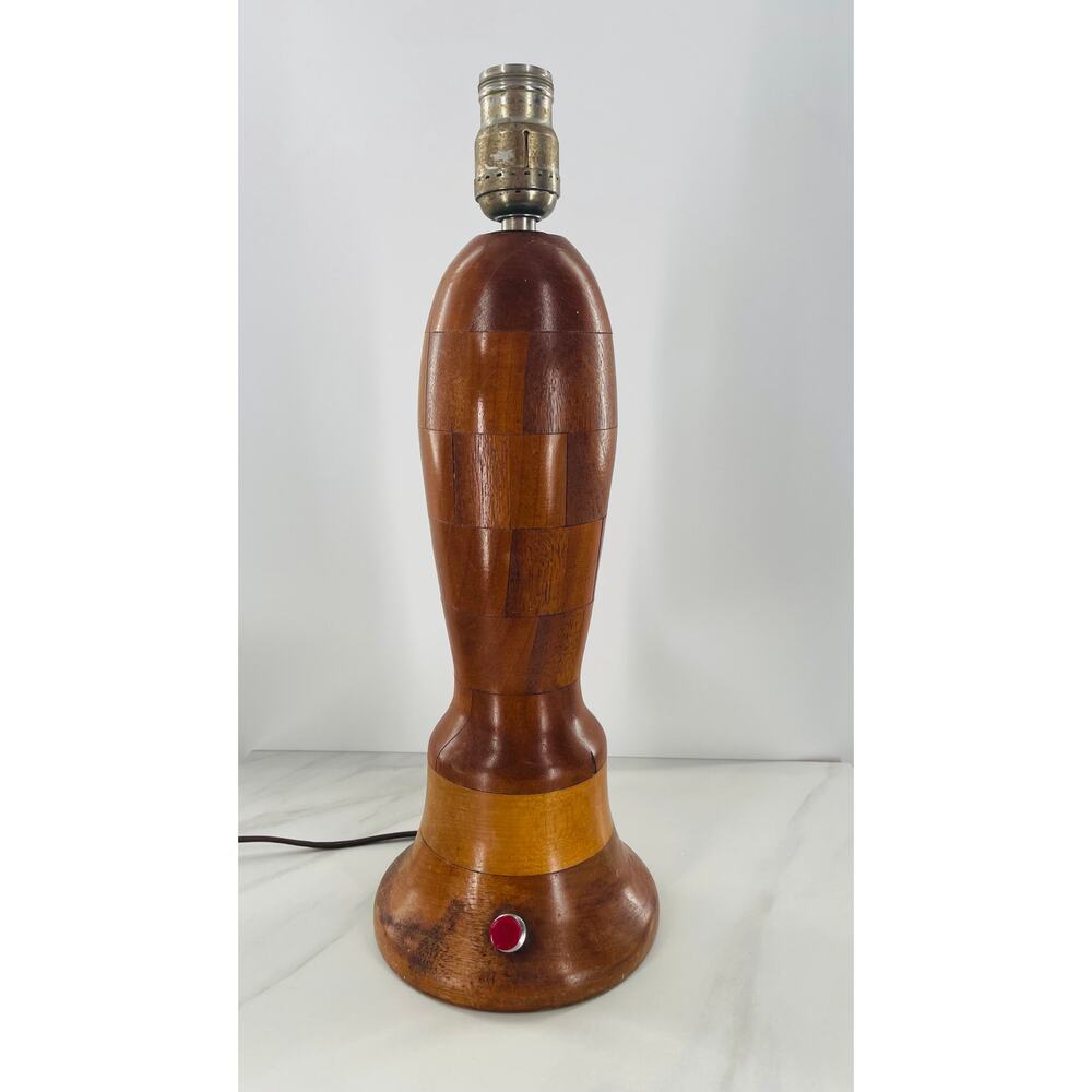 Mid-Century Wooden Patchwork Lamp with Red Switch Button